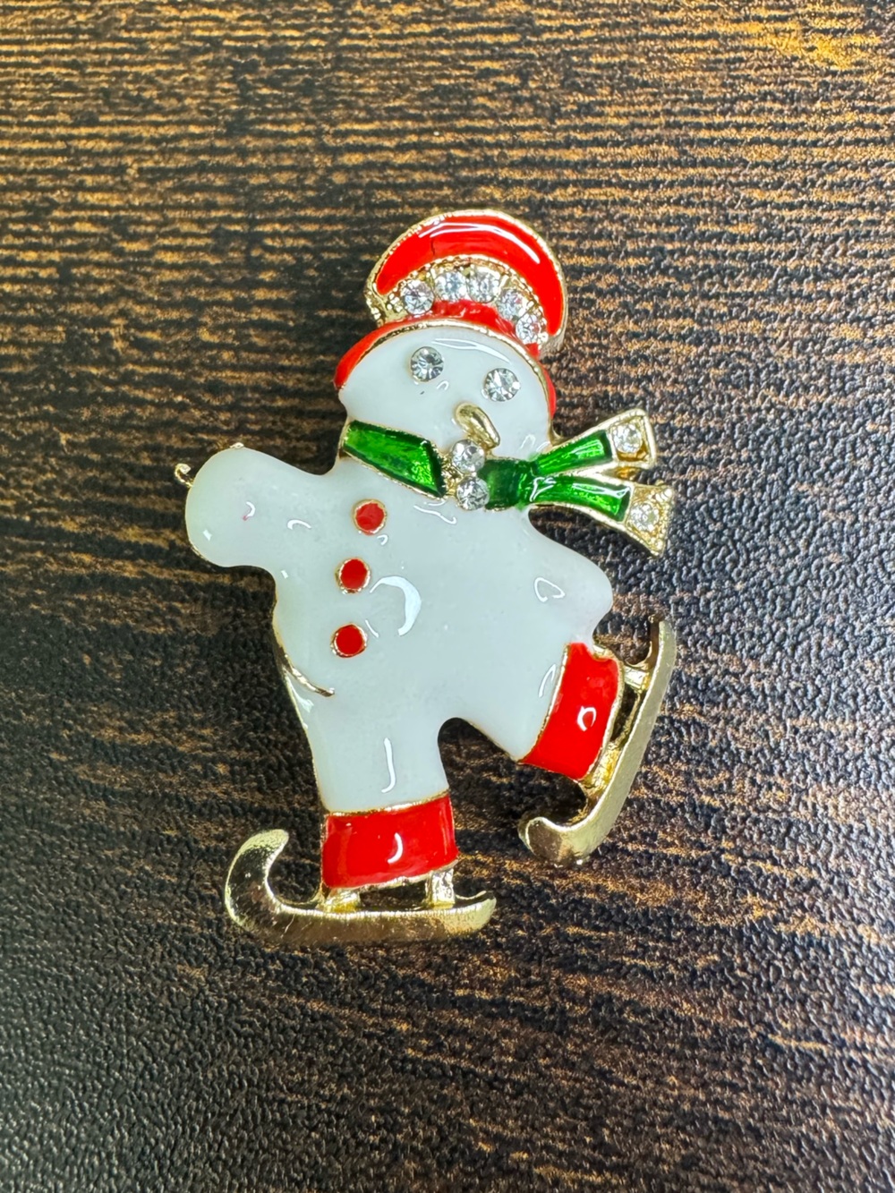 💚4/$20 Festive White Snowman Ice Skate Pin with Red Hat and Green Scarf